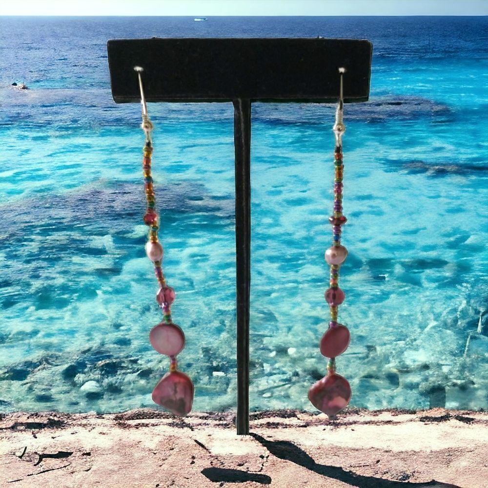 Metallic Shell Graduated Dangle Earrings‎ Glass Beads Handmade Coastal Beach 90s